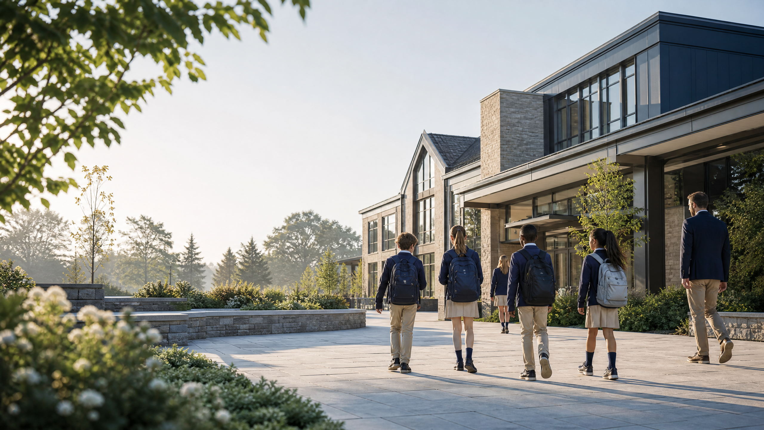Students walking across a school campus